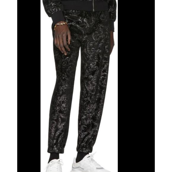 Versace Metallic Baroque Patterned Velour Lounge Pants In Black Size L - Picture 1 of 13